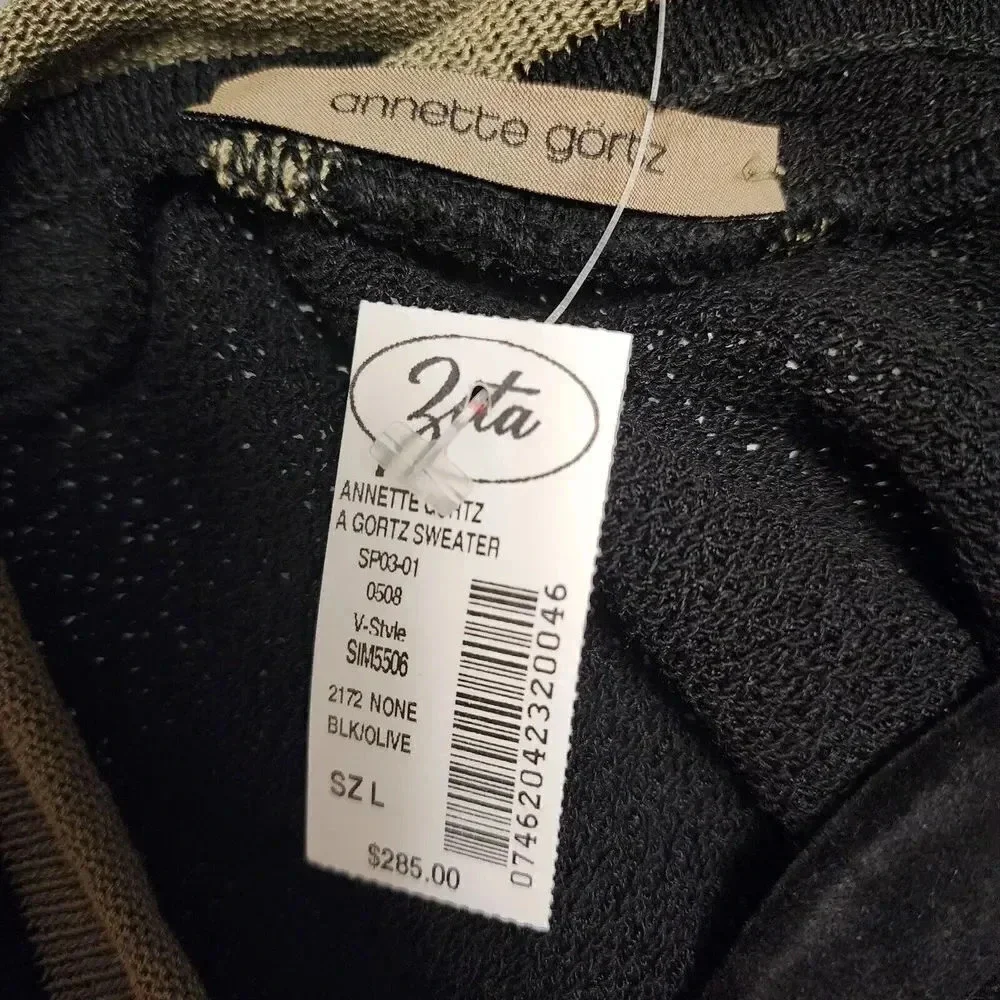 New $285 Annette Gortz Black Olive Sleeveless Stretch Sweater Size Large SIM5506